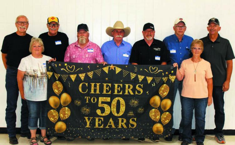 Class of 1973 Getting together after 50 years to share smiles and memories brought a lot of the Isabel Class of 1973 together! FRONT (L-R): Patty (Lewis) Hauser and Marcia (Rost) Maher; BACK: Dale Stradinger, Lynn Waddell, Craig Reich, Wesley Huff, Ben Dollarhide, Gene Bierman, and Les Mayer.