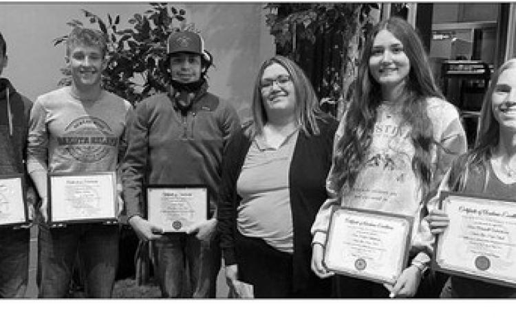 Five Timber Lake seniors were awarded scholarships from the Cheyenne River Sioux Tribe Telephone Authority. L-R are Carter Keller ($1,000), Gracen Hansen ($1,000), Tristan Dupris ($1,000), Iyonne Jewett (presenter), Sara Holzer ($250 Salutatorian scholarship), and Averie Marshall ($250 Valedictorian scholarship).