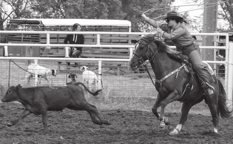Tayla Ward competed in the breakaway roping over the weekend during the high school practice rodeo in Timber Lake.