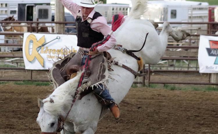 Brandin Jewett of Dupree was among the saddle bronc and bull riders competing in a high school showcase at the Dupree Pioneer Days Rodeo held June 28-29. Photo by Jon Flatland