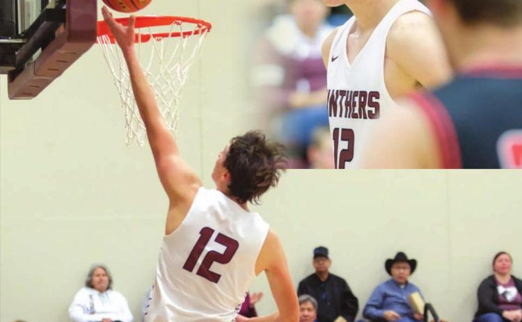 Timber Lake senior Dixon Booth (12) hit a game-winning 3-point shot to sink the Faith Longhorns during Timber Lake’s Jan. 6 road game. File photos by Robert Slocum