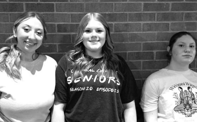 The One Act School Play ‘Fast Food’ performed by Dupree High School, and directed by Patty Peacock, competed at their regional tournament in Pierre on Wednesday, Jan. 22. While Dupree did not qualify for the state competition, three of their four actors were chosen for special awards. L-R: Zoey De La Rosa and Trinity Leithauser earned Superior Individual Acting medal and Gabby De La Rosa received Honorable Mention recognition. To earn a medal, an actor must be nominated by at least two of the three judges j