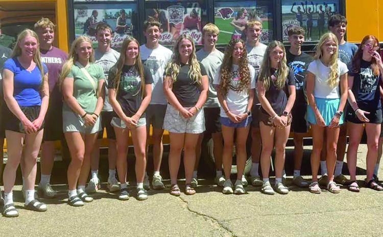 TLHS TRACK TEAM AT STATE. Front (l-r): Bricelyn Pederson, Talley Locken, Maddy Hermes, Josie Boldt, Kate Biegler, Arianna Bieber, Korbi Heck, Hailey Roggow, Sara Keller; Back: Broc Bauer, Mason Bickel, Hudson Gill, Landen Bieber, Owen Schweitzer, Braxton Farlee, Braden Lawrence, Jackson Bigger, Holden Gill, Blaise Lei.
