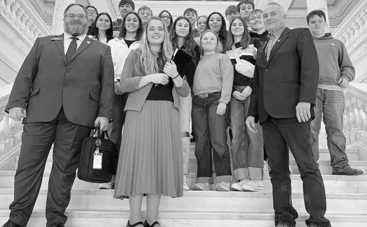 The Timber Lake High School senior class took part in Senior Day at the State Capitol in Pierre last week, touring the grounds and visiting several offices. The class is pictured with District 28 legislators (l-r) Rep. Travis Ismay, Rep. Jana Hunt, and Sen. Sam Marty. Chaperoning the students were Mr. Leuning and Mrs. Lemburg.