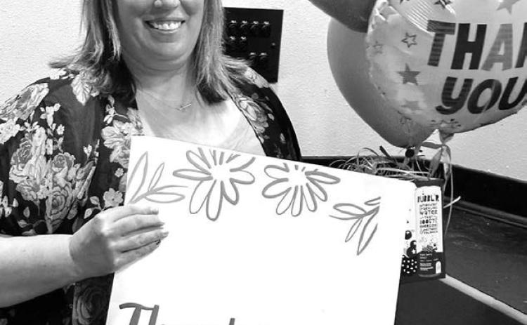 Middle School Special Ed teacher Leah Peterson was honored with a farewell gift at the Timber Lake Middle School Awards Day.