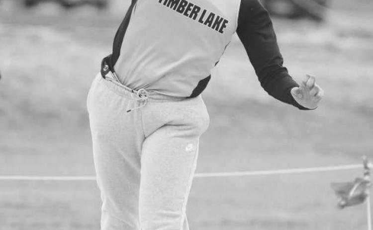 Jasmine Nash launches the shot put during competition at the Timber Lake Track Invitational last Tuesday, April 25. Her throw of 34-8.5 feet garnered her top honors in the event. Photo by Jon Flatland