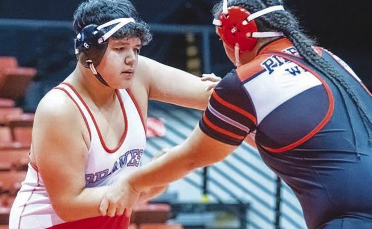 Cheyenne-Eagle Butte/Dupree 285-pounder Natan Blue Coat (left) claimed third place at the Lemmon-McIntosh Round Robin Tournament last Tuesday, Jan. 24, in Lemmon. Topic File Photo