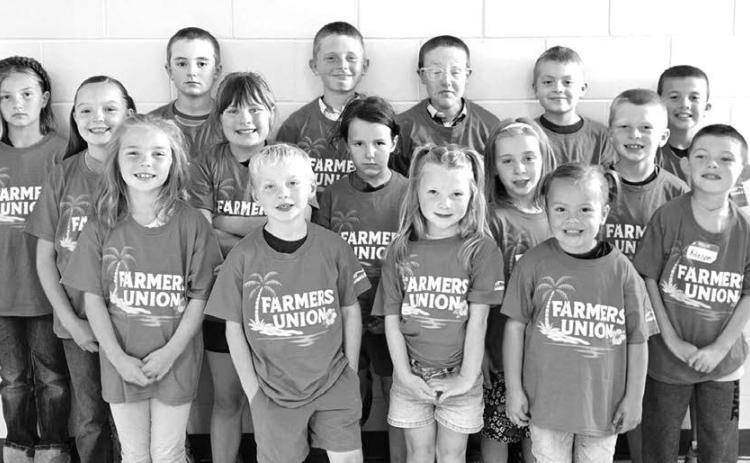 Kids who attended Farmers Union Day Camp were: Front (l-r): Charlie Long, Rhett Aberle, Jessa Aberle, Hazel Spiel; Middle: Zoey Spiel, Clara Nilson, Lochlyn Goldade, Remington Aberle, Trevor Aberle, Koleson Long; Back: Joslyn Goldade, Camden Goldade, Vern Long, Greyson Goldade, Ryder Spiel, and Bryson Long.