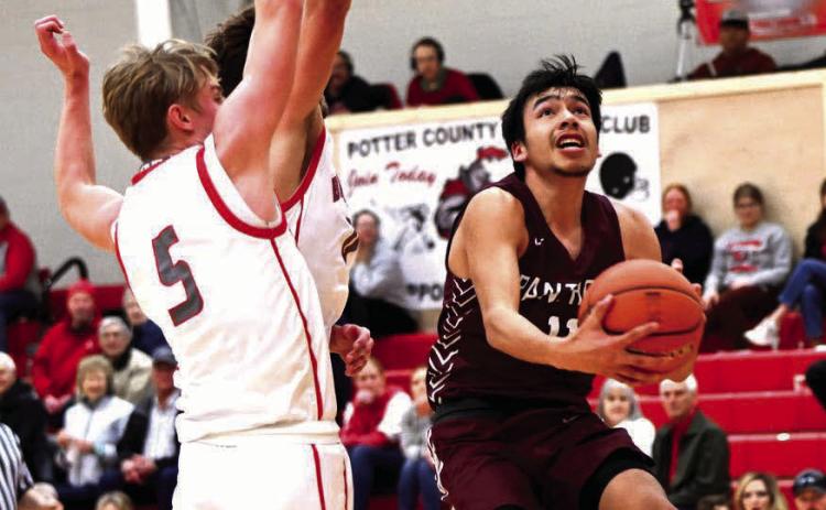 Timber Lake guard Tristan Dupris drives to the hoop for a scoop layup and two of his 18 points in the Panthers’ 62-51 loss to Potter County last Friday, Feb. 23, in the final regular season game for both teams as region tournaments tipped off Tuesday. Photo by Marie Du Preez