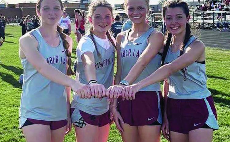 Setting a new Timber Lake High School record in the 400 meter relay with a time of 52.88 were (l-r) Josie Boldt, Korbi Heck, Hailey Roggow and Arianna Bieber. Topic Photo/Marie DuPreez