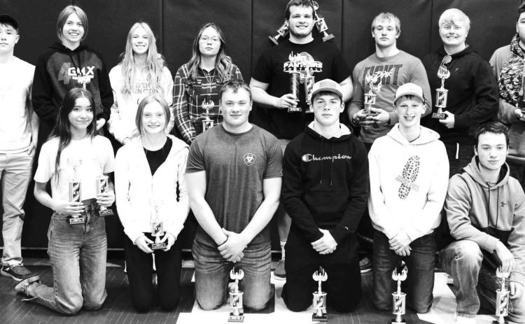 Timber Lake students who placed in the top 5 at the Northwest Area Schools Academic Olympics are (FRONT) L-R: Natalie Gross, Jordan Jones, A.J. Lindskov, Carter Keller, Holden Gill, Tyler Keller; BACK: Gabe Keller, Natalie Biegler, Averie Marshall, Michaela Alley, Sawyer Holzer, Hank Kraft, Shawn Quinn, Michael Rousseau.