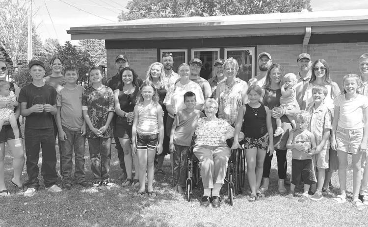 Fauneil Keller celebrated her 90th birthday on July 17. Many of her grandchildren, great-grandchildren, nieces, nephews, and friends came together for an afternoon of visiting, games, and treats at the Walworth County Care Center in Selby. Front (l-r): Remi Schott, Terek, Fauneil, Teagan, Oliver, Conner, and Fiona; Middle: Pam Schott (holding Grace), Albert, Bodee, Korbin, Bridget, Stacy, Jordan Jones, Pat, Brie (holding Alina), Tasha; Back: Bailey, Albert, Perry, Gabe, Joel Aberle, Pierce, Alex, Ian.