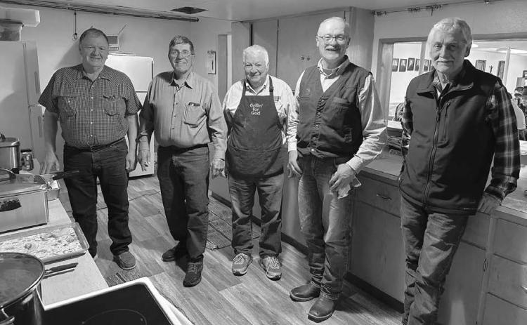 The third Knights of Columbus Fish Fry of the Lenten season was held Friday, April 4 at Holy Rosary Catholic Church in Trail City with this crew in charge of frying fish and serving it along with French fries, cole slaw, beverages and buns. L-R are Merle Leibel, Jim Keller, Jim Hulm, Bill Hahne and Neil Hahne. The final KC fish fry of the season will be held Friday, April 11 at Timber Lake. Photo by Kathy Nelson
