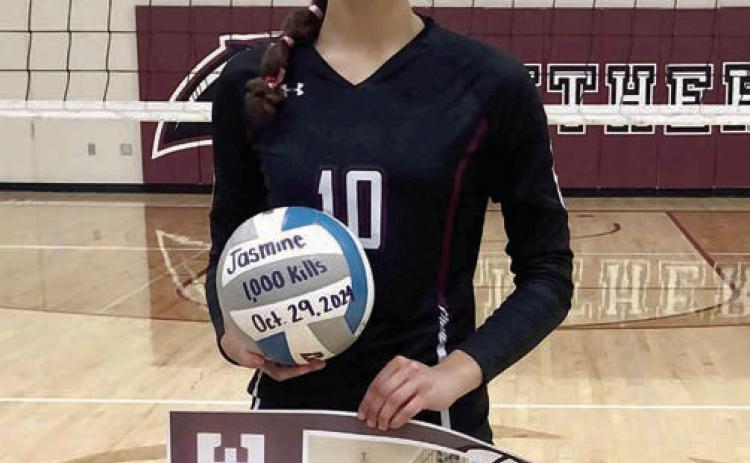 Senior Jasmine Nash was recognized during Timber Lake’s win over Wall lat week for surpassing the 1,000 career kills plateau. Courtesy photo