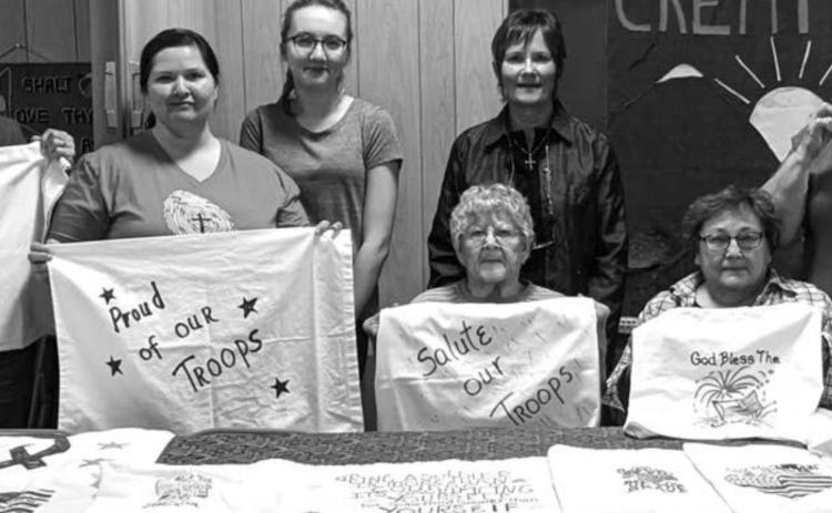 American Legion Auxiliary members from the Isabel Unit 120 embroidered pillow cases to be sent to active duty military people as part of “Operation Pillowcase.” FRONT (L-R): Cary Jo Hornick, Grace Munyon, Joann Fritz; BACK: Cheryl Boldt, Lola Hornick, Mary Harris, and Lois Bartlett.