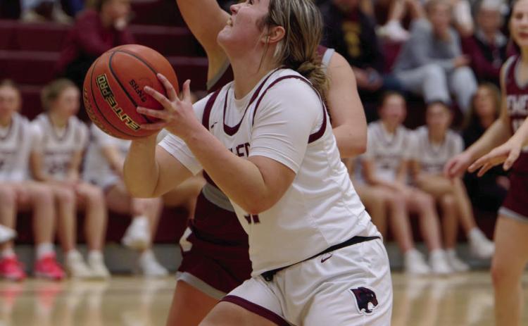Timber Lake forward Kate Biegler eyes the basket on a drive through the lane during regular season action against Newell. The Lady Panthers beat Newell in the quarterfinals of the Region 8B Girls Basketball Tournament last week. Topic Photo/Marie DePreez